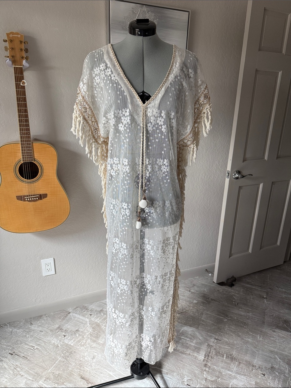 Sheer Floral Lace European Maxi Cover-Up with Fringe
